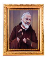  ST. PIO IN A FINE DETAILED SCROLL CARVINGS ANTIQUE GOLD FRAME 